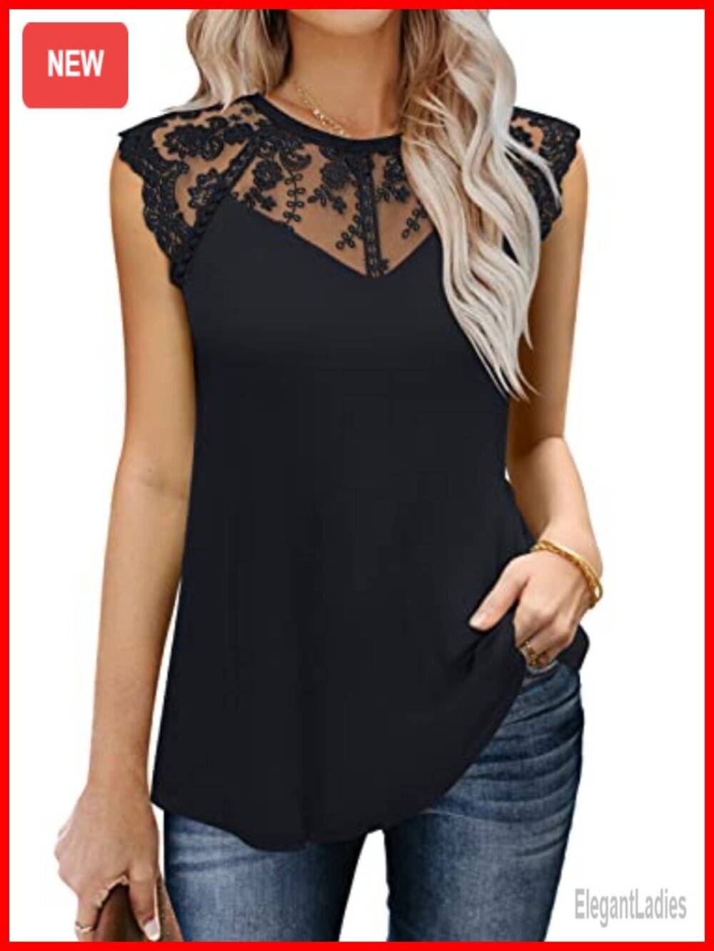 Lace Floral Casual Loose Blouse Sleeveless Tank Top Crew Neck
